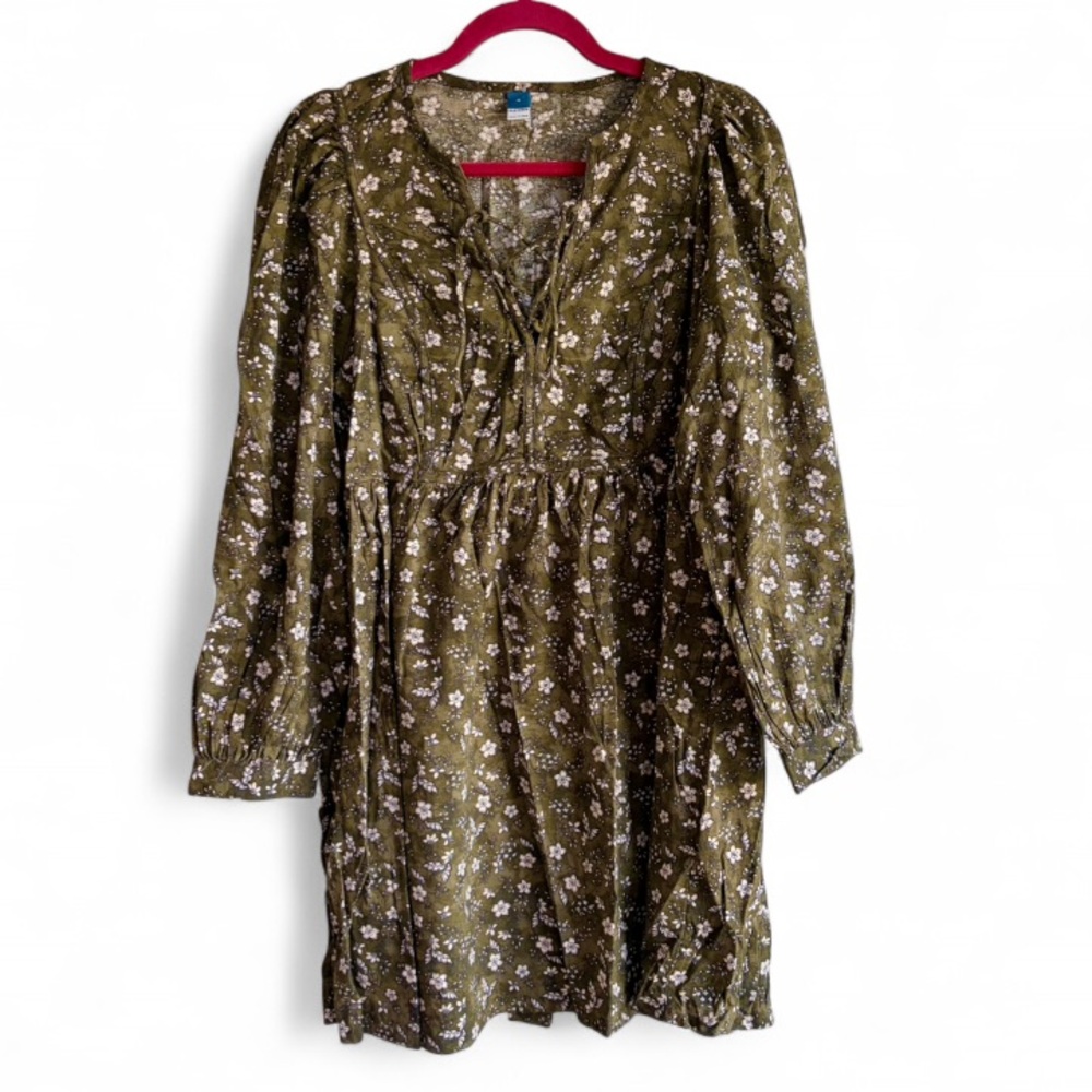 Old Navy Olive Green Floral Lace Up Front Cottagecore Dress Size M